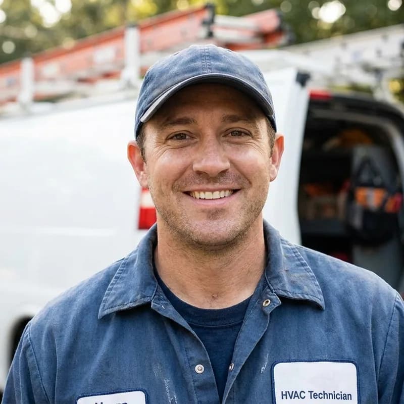HVAC technician smiling at his phone after getting a booked job notification from Memox AI