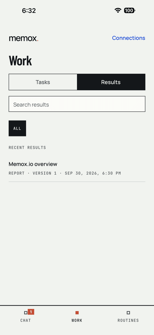 Memox app Work tab: tasks and results with receipts