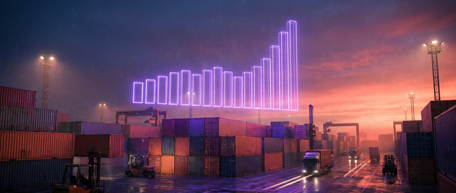Holographic conversion rate data above a shipping container yard at twilight