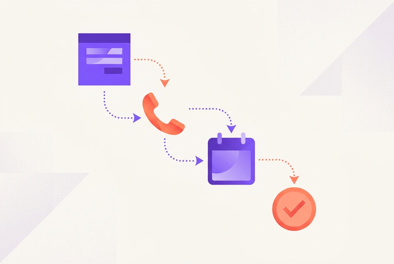 Abstract illustration of the AI appointment booking workflow: form intake, voice verification call, calendar confirmation, and human handoff
