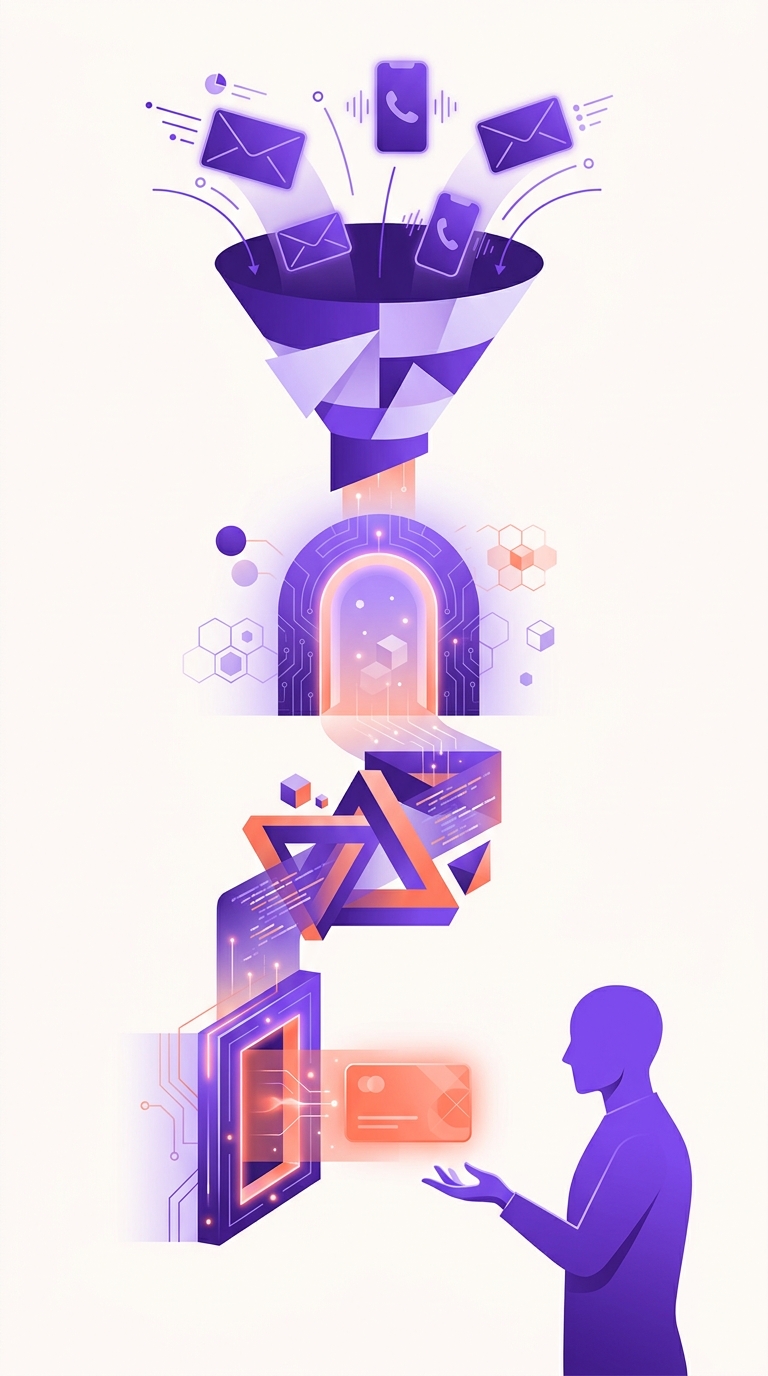 Abstract qualification funnel showing inbound lead signals flowing through AI checkpoints to a qualified handoff
