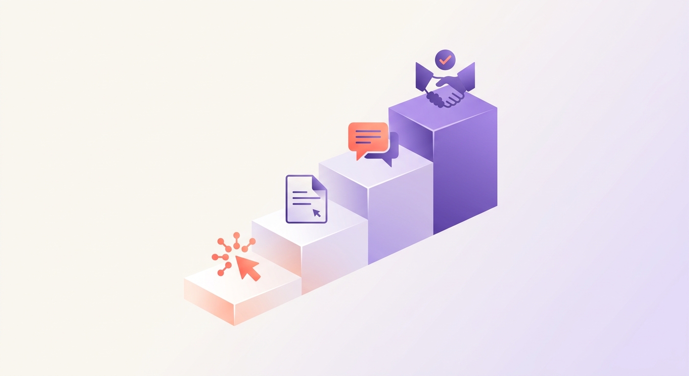 Four-step paid-traffic conversion ladder: ad click, chat qualification, human handoff, close